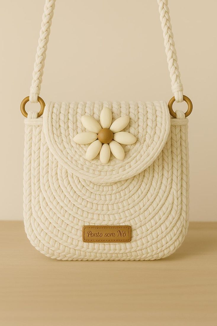 Bolsa tiracolo de crochet em fio cru com flor de madeira aplicada na aba